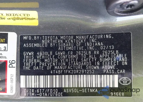 2013 Toyota Camry Le from USA, damaged, VIN 4T4BF1FK2DR291252